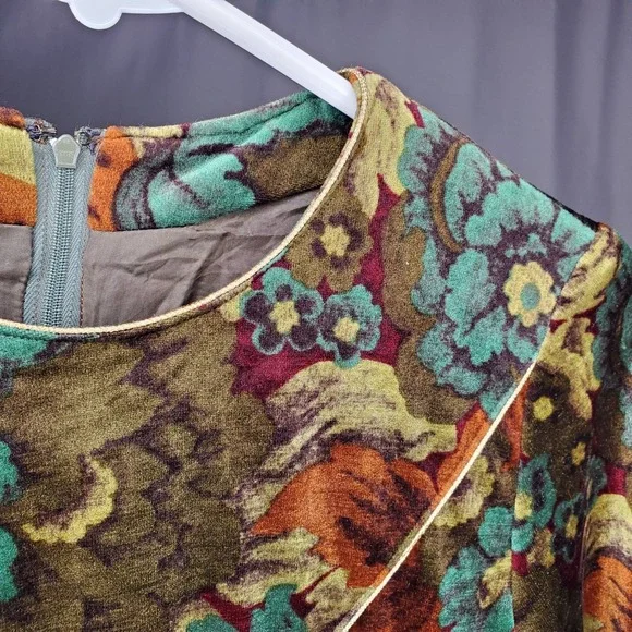Vintage Floral Velvet Midi Dress 8 Long Sleeve Pleated Gold Buckle Lined70s - Picture 3 of 12